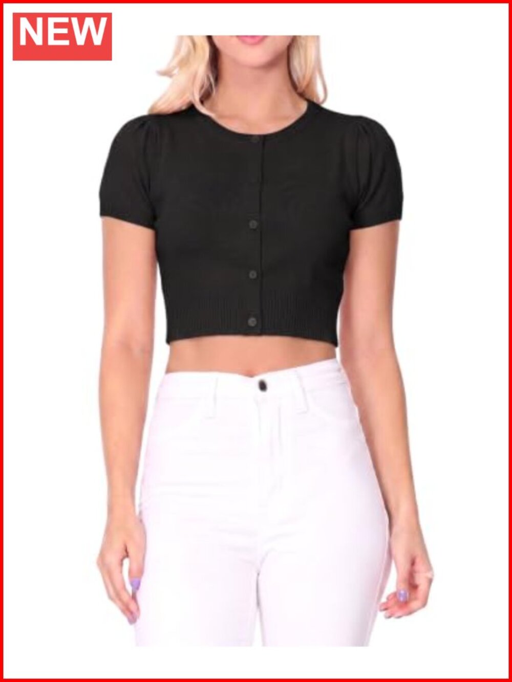 Cropped Button-Front Cardigan Short Sleeve Crew Neck Knit